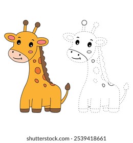 Giraffe coloring pages for kids. Trace and color cute giraffe. Giraffe animal flashcard. Cute giraffe isolated on white background. Kindergarten and preschool worksheets printable for kids. 