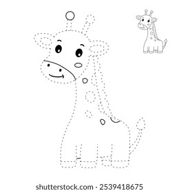 Giraffe coloring pages for kids. Trace and color cute giraffe. Giraffe animal flashcard. Cute giraffe isolated on white background. Kindergarten and preschool worksheets printable for kids. 