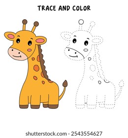 Giraffe coloring pages for kids. Trace and color cute giraffe. Giraffe animal flashcard. Cute giraffe isolated on white background. Kindergarten and preschool worksheets printable for kids. 