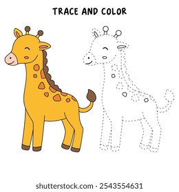 Giraffe coloring pages for kids. Trace and color cute giraffe. Giraffe animal flashcard. Cute giraffe isolated on white background. Kindergarten and preschool worksheets printable for kids. 