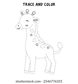 Giraffe coloring pages for kids. Trace and color cute giraffe. Giraffe animal flashcard. Cute giraffe isolated on white background. Kindergarten and preschool worksheets printable for kids. 