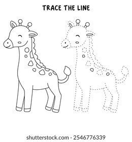 Giraffe coloring pages for kids. Trace and color cute giraffe. Giraffe animal flashcard. Cute giraffe isolated on white background. Kindergarten and preschool worksheets printable for kids. 