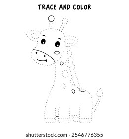 Giraffe coloring pages for kids. Trace and color cute giraffe. Giraffe animal flashcard. Cute giraffe isolated on white background. Kindergarten and preschool worksheets printable for kids. 