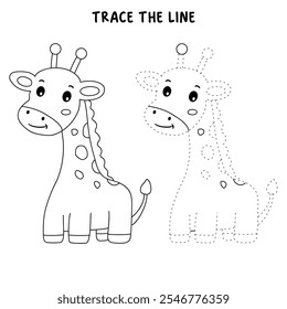 Giraffe coloring pages for kids. Trace and color cute giraffe. Giraffe animal flashcard. Cute giraffe isolated on white background. Kindergarten and preschool worksheets printable for kids. 