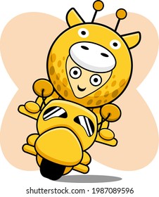 giraffe costume cartoon character design illustration riding a motorcycle