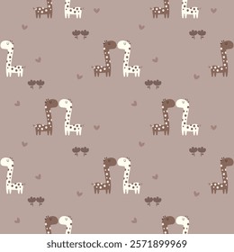 Giraffe couple cartoon so cute. On heart flower background. Pattern seamless vector illustration. 
