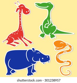 Giraffe, crocodile, hippo and boa on light yellow background, cartoon flat vector illustration