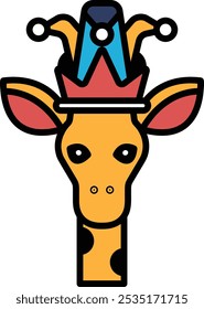 A giraffe with a crown on its head. The giraffe is wearing a crown and has a funny expression on its face