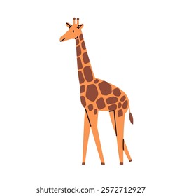 Giraffe, cute African mammal. Funny jungle animal with long neck, walking, smiling. Exotic tropical adorable fauna character. Kids zoology, flat vector illustration isolated on white background