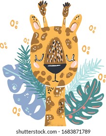 Giraffe cute doodle hand drawn flat vector illustration. Wild rainforest animal vector poster floral background.Grass branches with leaves, flowers and spots design element. Tropical jungle. 