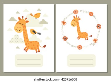 Giraffe. Cute pages for notes with giraffe, birds and flowers. Notebooks,decals, diary,cards, school accessories