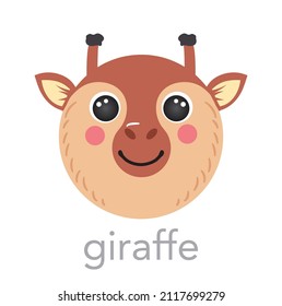 Giraffe Cute portrait with name text smile head cartoon round shape animal face, isolated vector icon illustrations on white background. Flat simple hand drawn for kids cards, t-shirts, baby clothes