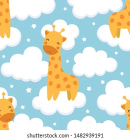 Giraffe Cute Seamless Pattern with Cloud in Sky, Animal Summer Wallpaper Background, Cartoon Vector illustration