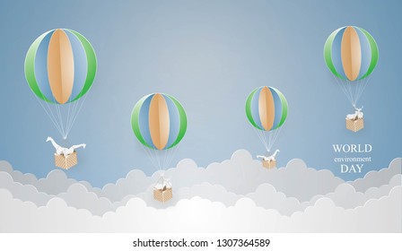 Giraffe and Deer in the basket flying on the sky,World environment day and Eco earth day concept.paper craft style vector and illustration 