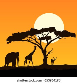 giraffe and deers silhouettes