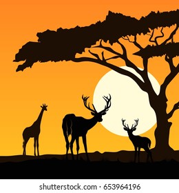 giraffe and deers silhouettes