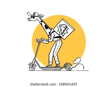Giraffe delivering pizza on a scooter. Children cartoon vector illustration 