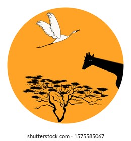 Giraffe in the desert, saquoy, flying stork - round icon - isolated on white background - vector. Environmental Protection. Animal world.