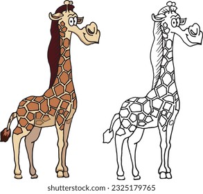 Giraffe. Un elemento de diseño o una página de un libro de colorear para niños. Ilustración de contorno de color y blanco y negro en un fondo blanco