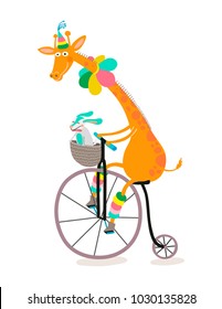 Giraffe and dog riding a bike