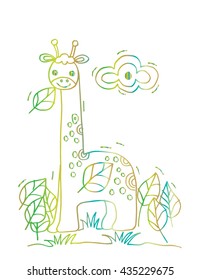 Giraffe doodle floral and cloud. Hand drawing illustration.