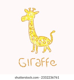 Giraffe drawings with crayon. Kids doodle drawing, children crayon drawing and hand drawn, pastel pencil doodle vector illustration