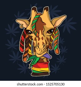 A giraffe with dreadlocks eats marijuana. A colorful Rastafarian scarf is tied around the giraffe's long neck. Cannabis leaves in the background
