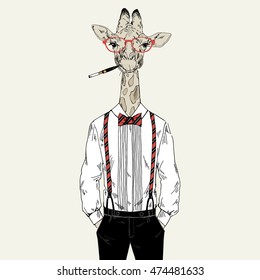 giraffe dressed up in classy style, anthropomorphic illustration, fashion animals