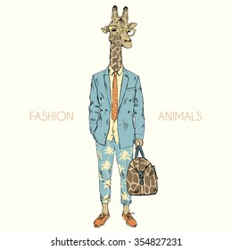 giraffe dressed up in cool urban summer style, hipster animal,  furry art illustration