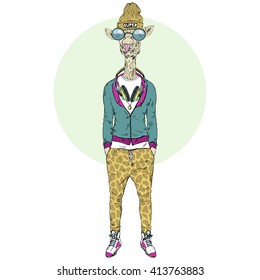 giraffe dressed up in hip hop style with headphones, furry art illustration, fashion animals, hipster animals