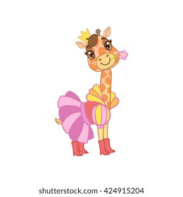 Giraffe Dressed As Princess Outlined Flat Vector Illustration In Cute Girly Cartoon Style Isolated On White Background