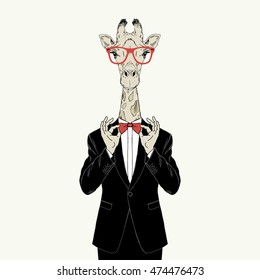 giraffe dressed up in tuxedo adjusting his bow tie, anthropomorphic illustration, fashion animals