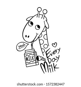 The giraffe is drinking milk. Growth height. vector illustration.