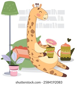 giraffe drinking tea, giraffe at home, cozy home, soft pillows, floor lamp, scandinavian style, teapot, donut, cozy evening, sweet home, cute giraffe, coffee, logo coffee shop, pastry shop, sweet