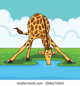 Giraffe Drinking Water From The River Cartoon