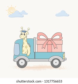 Giraffe Drive A Truck With Big Gift Box Cartoon Vector Illustration. Use For Happy Birthday Invitation Card, T-shirt Print, Baby Shower.