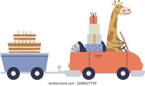A giraffe drives a car towing a trailer with a cake in a playful cartoon style. The vehicle is loaded with presents, showcasing a fun and imaginative scene. Cartoon vector illustration.