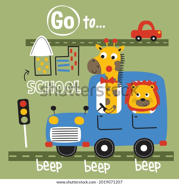 giraffe driving the\
bus funny animal\
cartoon