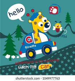 giraffe driving a car funny animal cartoon,vector illustration
