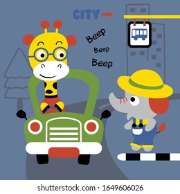 giraffe driving a car funny animal cartoon,vector illustration