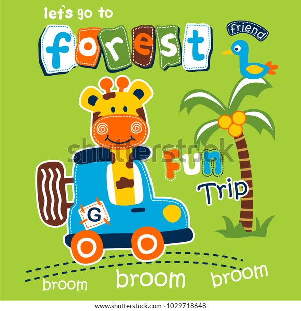 giraffe driving a car go to forest funny\
animal cartoon,vector\
illustration