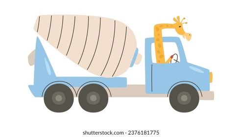 Giraffe Driving Concrete Mixer Truck Vector Illustration