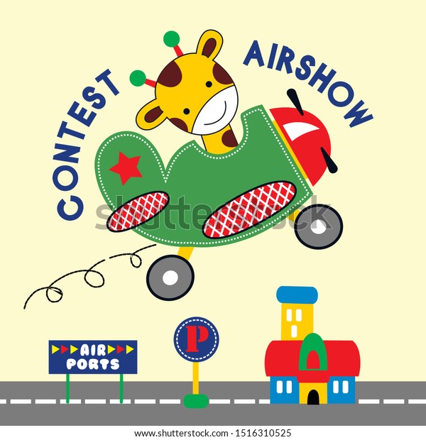 the giraffe is driving a plane, cartoon\
vector illustration