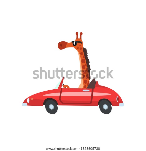 Giraffe Driving Red Car, Funny\
Adorable Animal Character Using Vehicle Vector\
Illustration