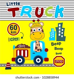giraffe driving a truck funny animal cartoon,vector illustration