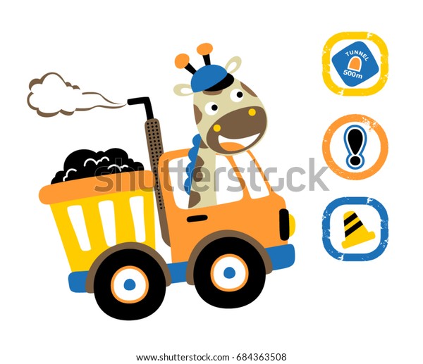 giraffe driving truck with traffic signs,\
vector cartoon\
illustration\
