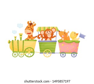 Giraffe, duckling, monkey and squirrel ride a train. Vector illustration on a white background.