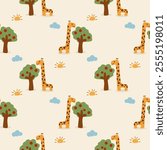 Giraffe eat apple cartoon so cute. On sun cloud apple tree background. Pattern seamless vector illustration. 