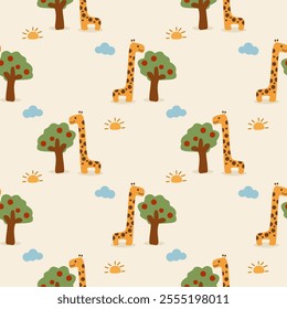 Giraffe eat apple cartoon so cute. On sun cloud apple tree background. Pattern seamless vector illustration. 