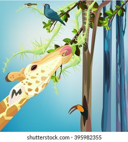 Giraffe Eating The Leaf,
Giraffe Eating The Leaf, And bird is Sitting on The Tree  ,    All elements are in separate layers color can be changed easily